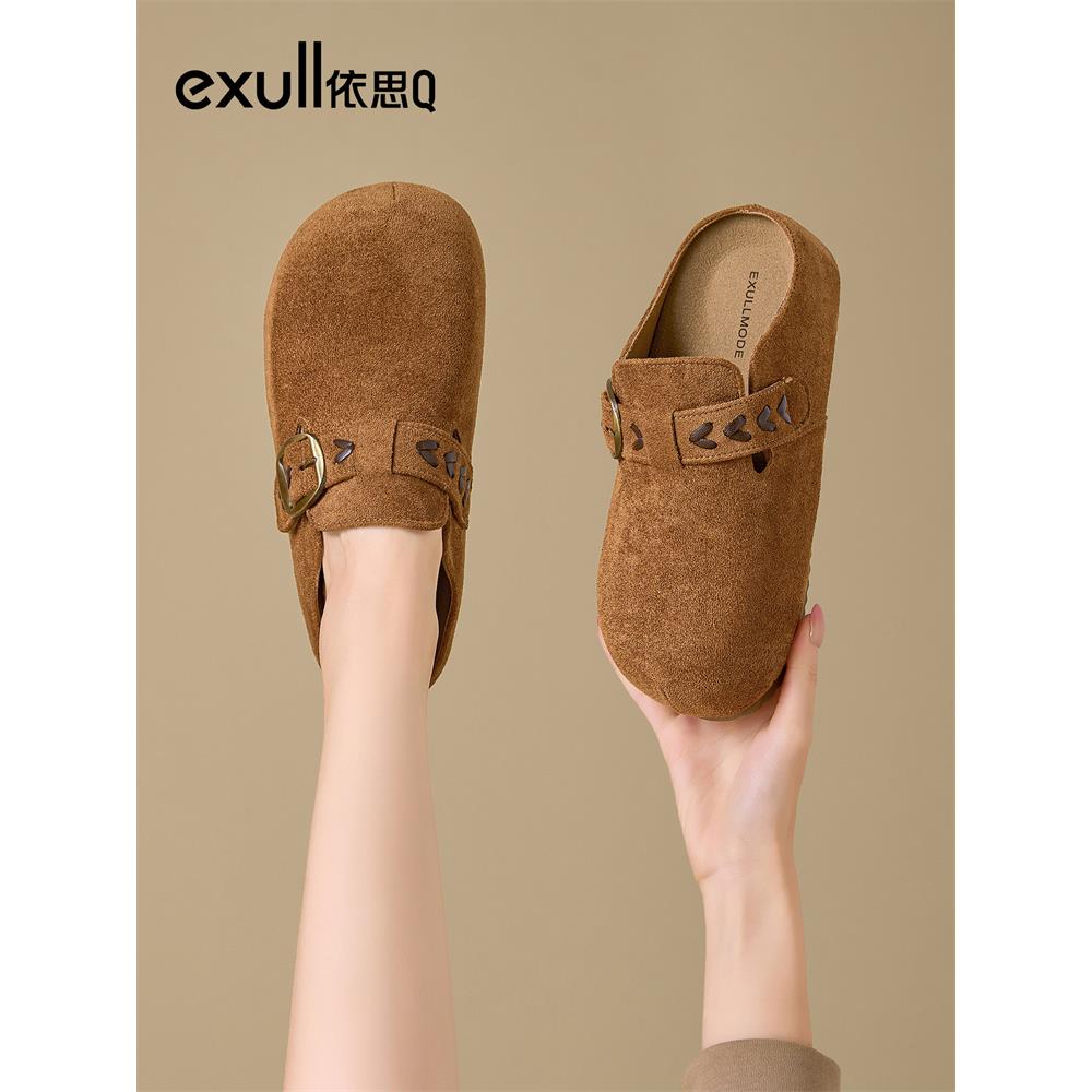 依思q软底复古勃肯鞋女2025秋冬新款外穿一脚蹬懒人鞋绒面包头拖