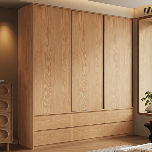 橡木全实木衣柜家用卧室原木风实木储物推拉门简约现代挂式大衣橱