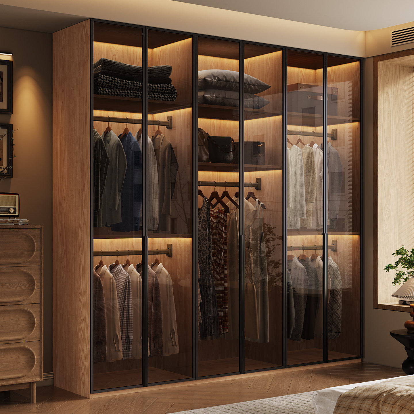 日式玻璃门大衣柜卧室家用原木风橡木现代简约四五六门衣橱柜子,住宅家具,自由组合衣柜,淘宝优惠券,粉丝福利购,淘宝优惠卷