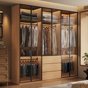 日式玻璃门大衣柜卧室家用原木风橡木现代简约四五六门衣橱柜子