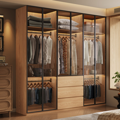 日式玻璃门大衣柜卧室家用原木风橡木现代简约四五六门衣橱柜子