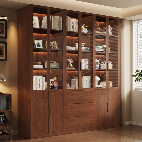 中古风胡桃色广东佛山工厂定制实木原木橡木书柜家用高端储物书架