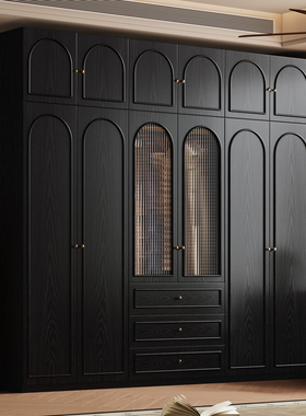 黑色法式复古风格橡木全实木衣柜中式家用卧室大衣橱工厂定制成品