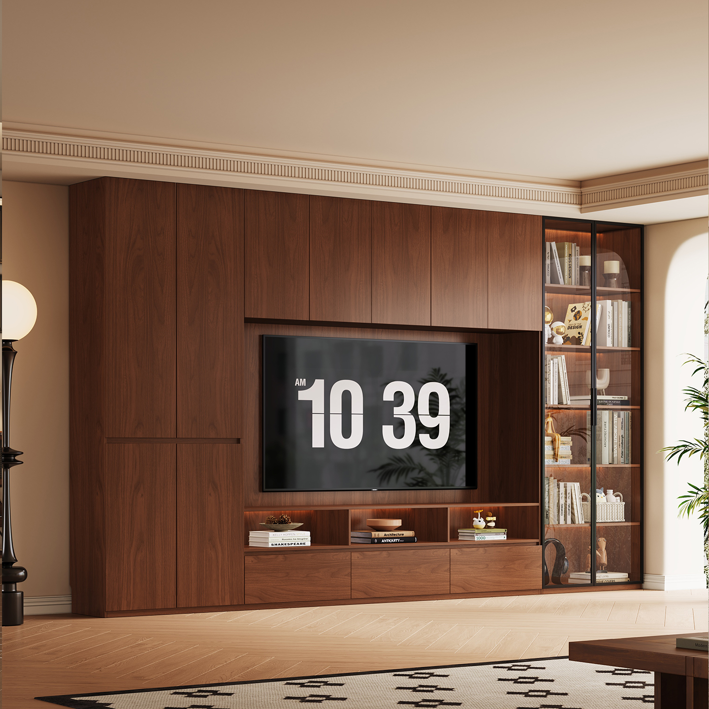 全实木橡木满面电视柜整墙柜子满墙柜胡桃色中古风