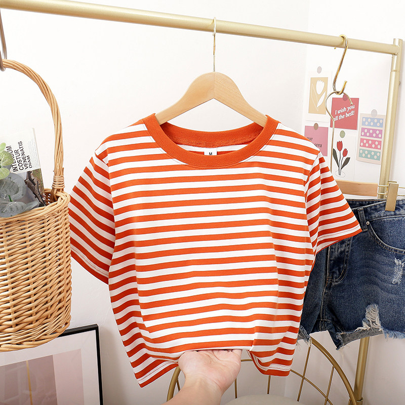 条纹短袖t恤女2025夏装新款学生宽松纯棉半袖ins潮百搭彩色体恤衫