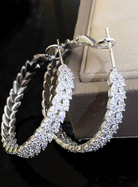 锆石银色树叶圆圈银针耳圈大号耳环女美式冷淡风气质高级感耳饰品