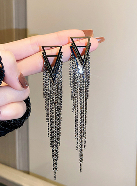 925银针三角形镶钻流苏耳环女欧美时尚夸张耳坠气质高级感耳饰品