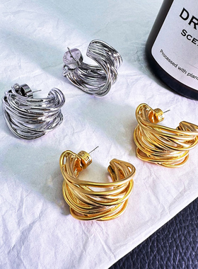 高级感绕线C形耳环女小众设计感轻奢耳圈流行港风时尚欧美耳饰品