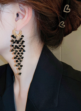 欧美黑色水晶流苏几何耳扣个性设计时尚高级感耳坠优雅轻奢耳饰品