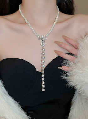 甜美轻奢镶钻十字领带珍珠Y字项链小众气质锁骨项饰女