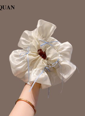 法式白色缎面飘带结裙摆大肠发圈女气质扎马尾头花高级感小众发饰