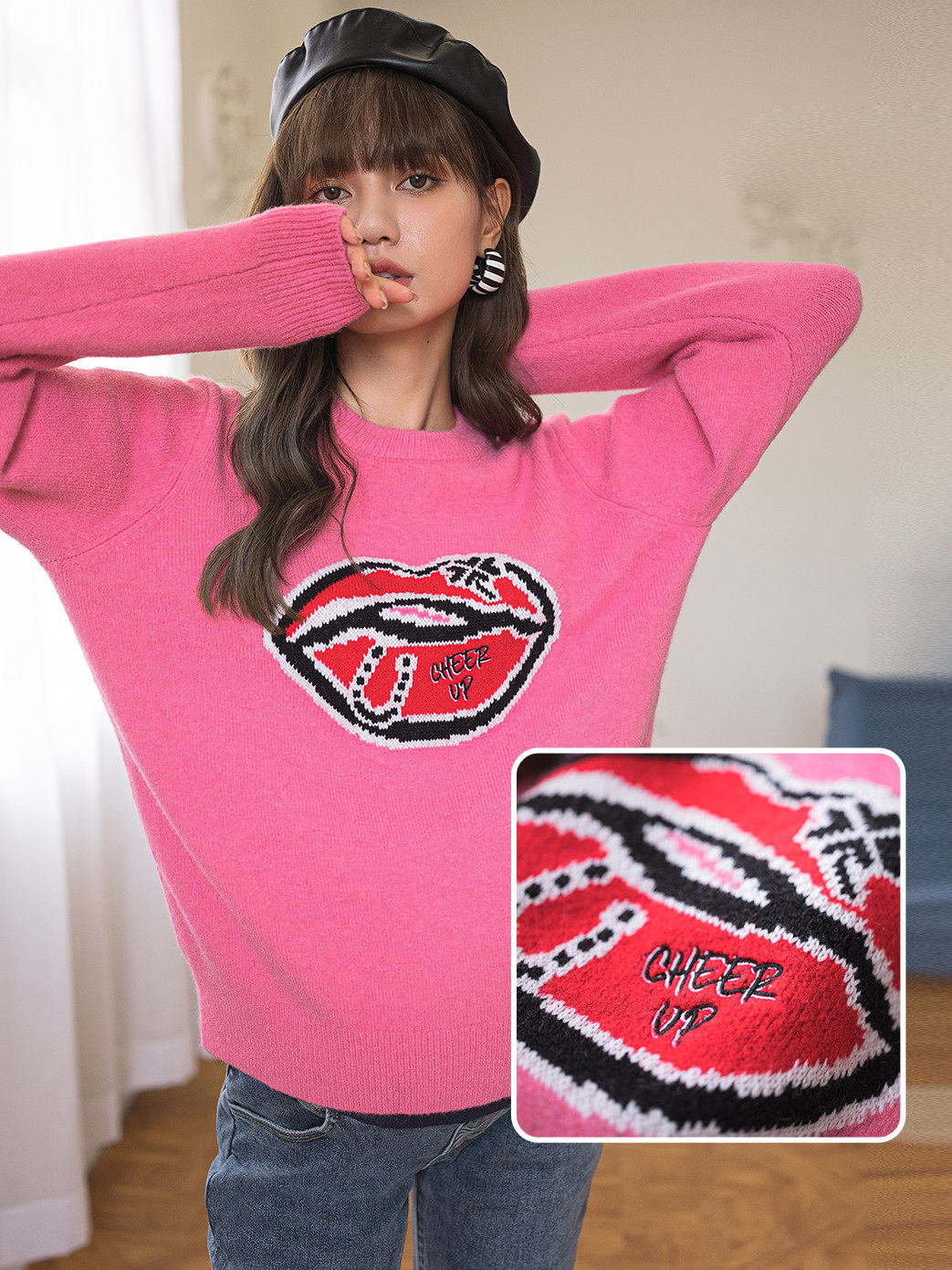 BELLYWEAR 출산 스웨터 여성 가을 겨울 패션 로즈 핑크 입술 자카드 문자 자수 루즈 탑 겨울