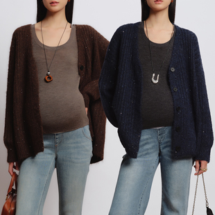 两色针织开衫 复古亮丝宽松时尚 上衣 2025秋冬新款 BELLYWEAR孕妇装