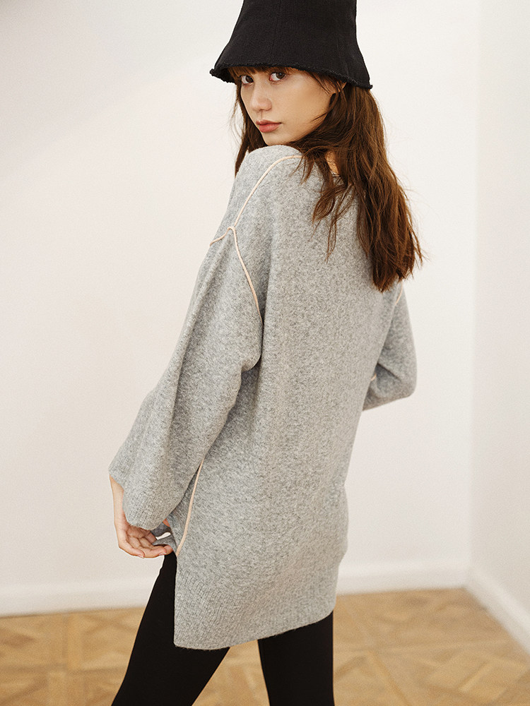 BELLYWEAR 출산 스웨터 짧은 패션 아방가르드 개성 라이트 플로랄 그레이 V 넥 루즈 벨벳 풀오버 스웨터