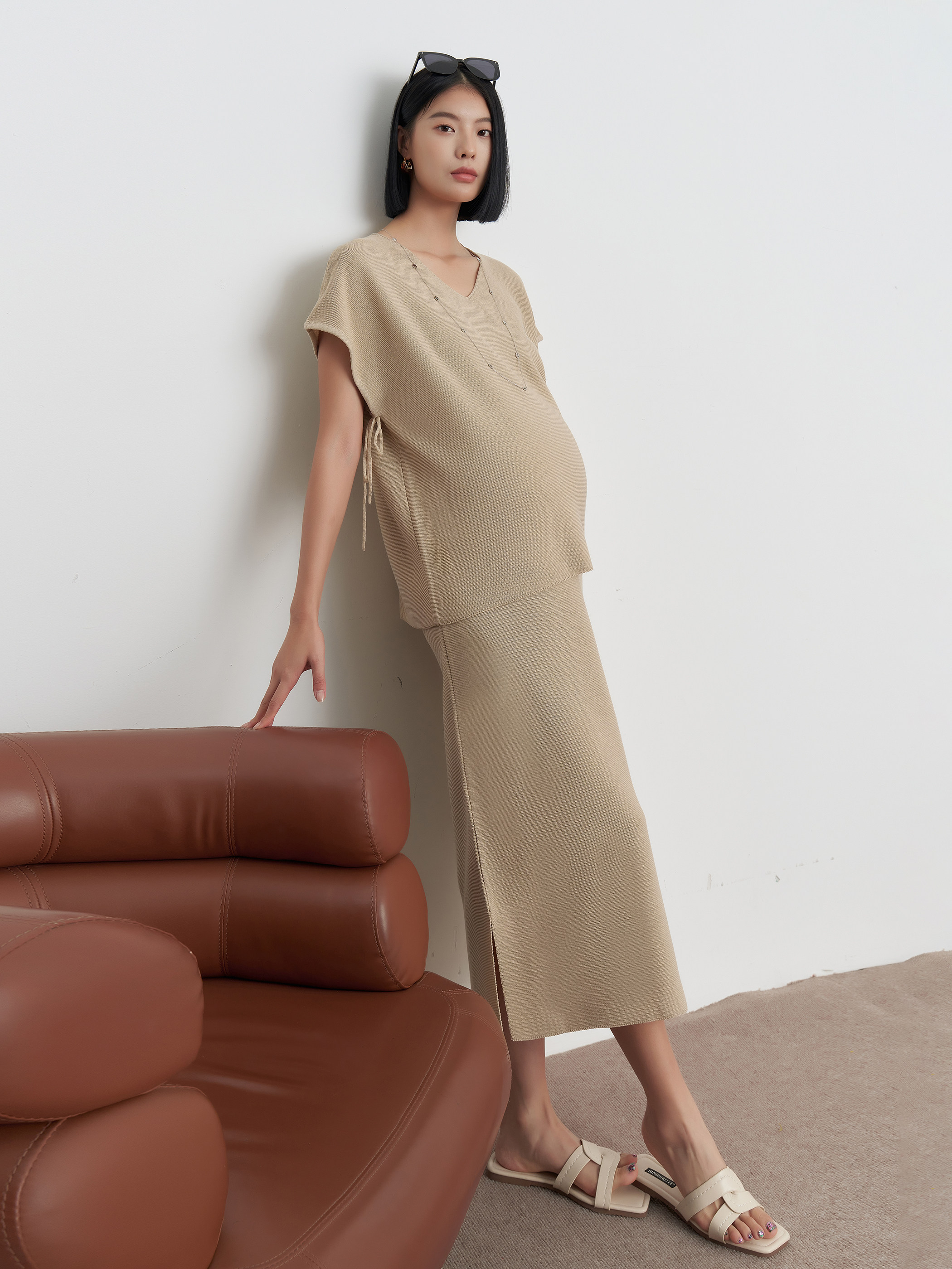 BELLYWEAR 임산부 게으른 스타일 정장 새로운 유행 ROW 스타일 느슨한 반팔 탑과 튜브 탑 스커트 투피스 세트