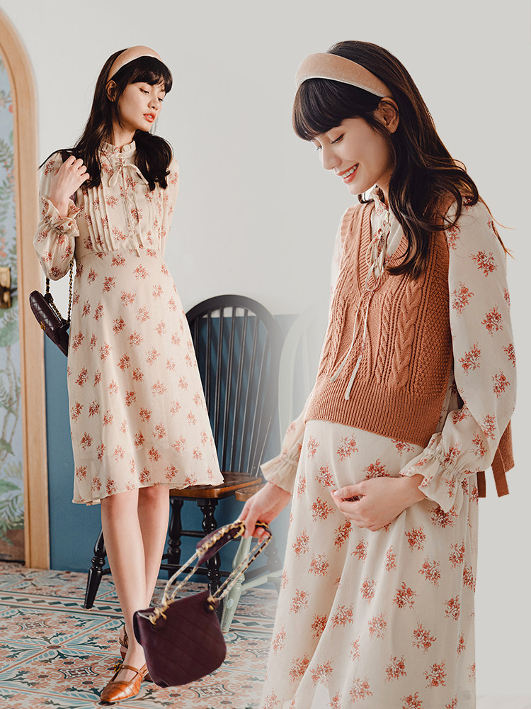 BELLYWEAR 출산복 외출 패션 투피스 세트 여성 쉬폰 긴팔 프렌치 스타일 드레스