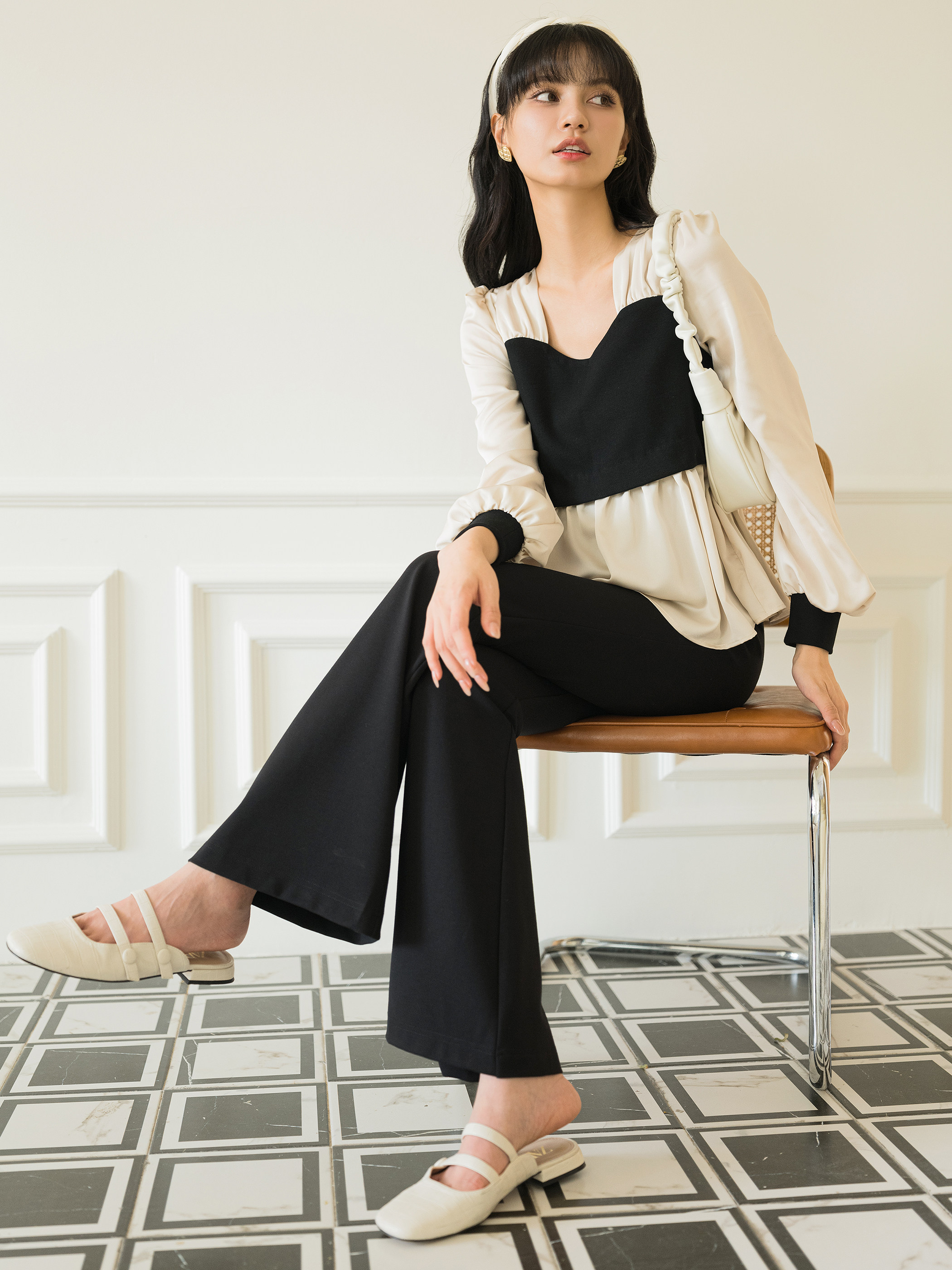 BELLYWEAR 출산복 가을 탑 패셔너블 프렌치 엘레강트 복고풍 대비 컬러 스티치 스퀘어 넥 A헴 셔츠