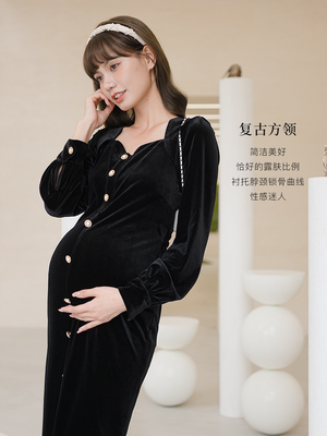 BELLYWEAR孕妇春秋装新款丝绒连衣裙时尚复古方领灯笼袖孕妇长裙