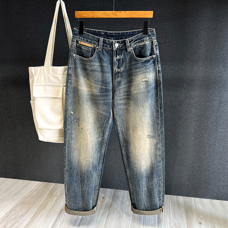 刮烂做旧小破洞牛仔裤男美式复古水洗重工艺潮流百搭宽松直筒裤子