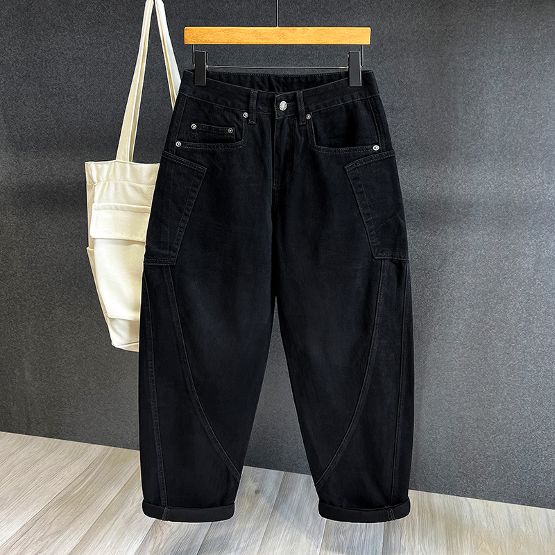 工装拼接潮流哈伦弯刀牛仔裤秋季