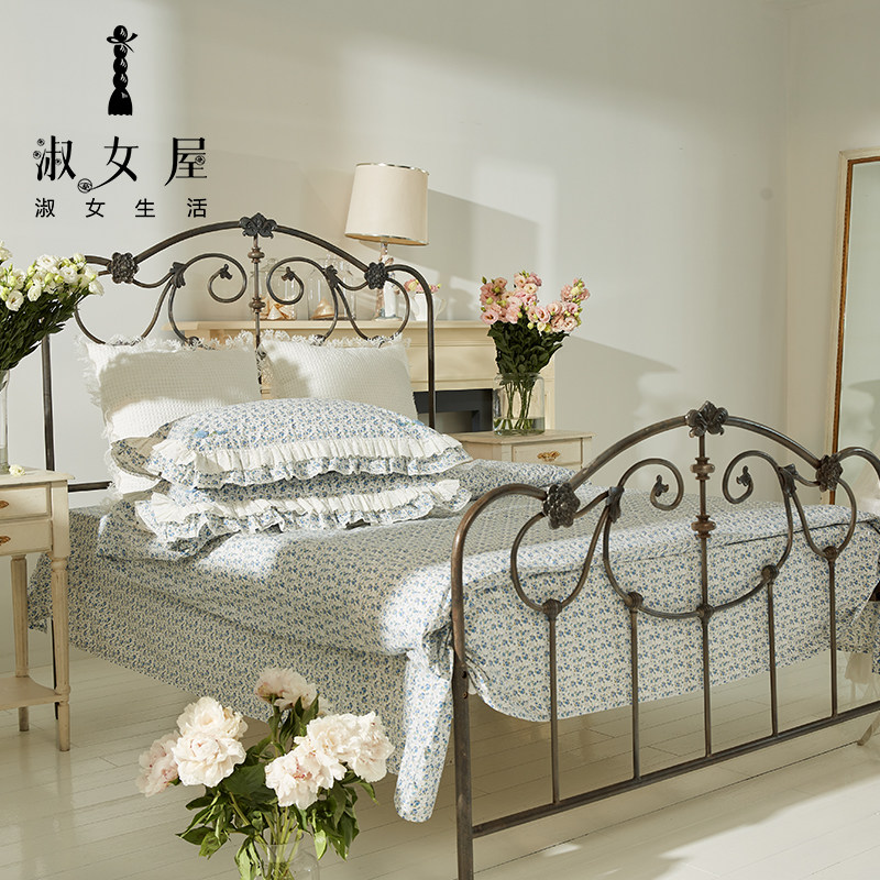 淑女屋官方旗舰店英格兰乡村公主蓝玫瑰公主床单四件套英伦风纯棉