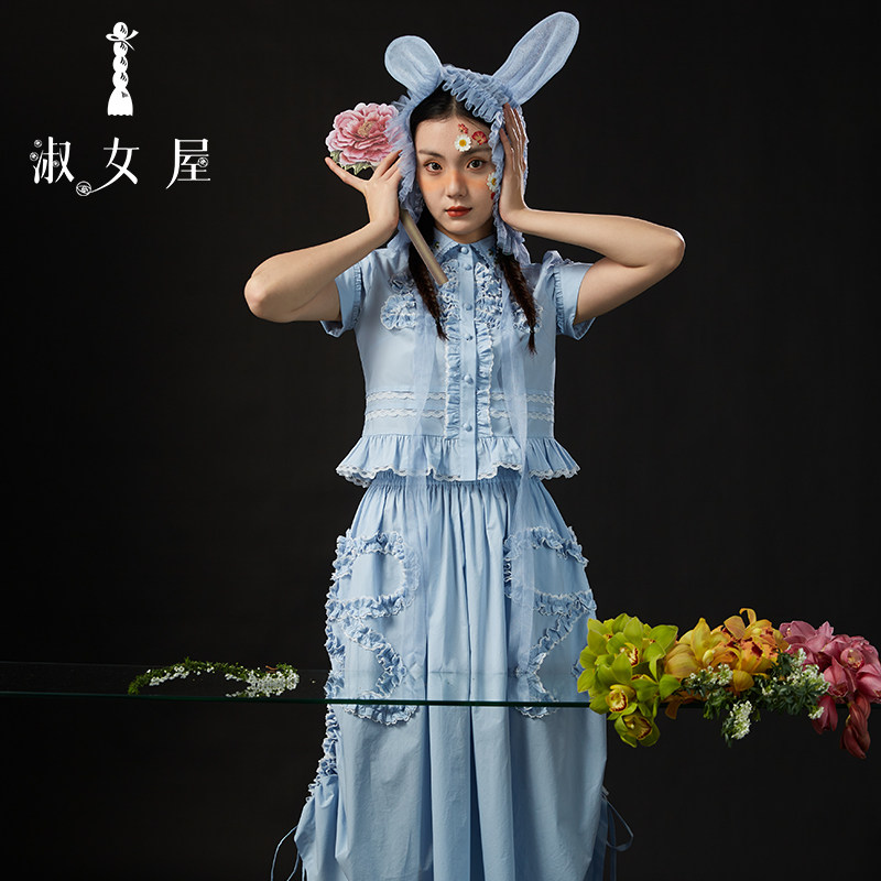 淑女屋2025夏季新款蜻蜓公主套装古典棉短袖衬衫配优雅半身裙