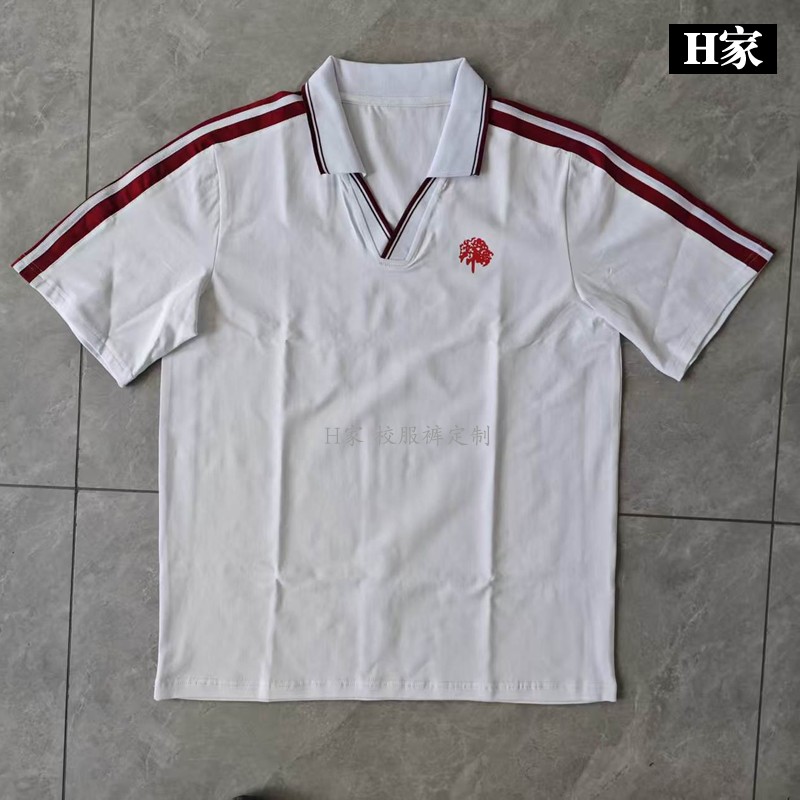 订做沙河口中山高中白色学生校服短袖半袖肩膀酒红镶二条白杠班服 - 实物图