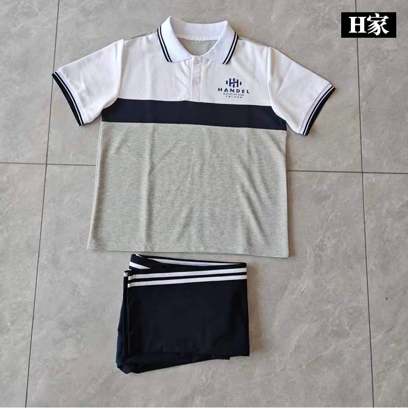 订做汉德三维教育学生校服短袖T恤衫白拼灰加藏蓝色半袖后背灰色