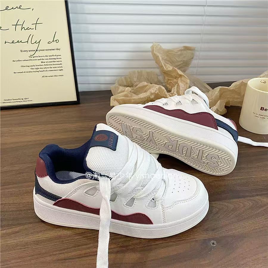 酒红色复古面包鞋女韩版平底休闲板鞋子2025年秋季新款圆头女鞋,女鞋,休闲板鞋,淘宝优惠券,粉丝福利购,淘宝优惠卷