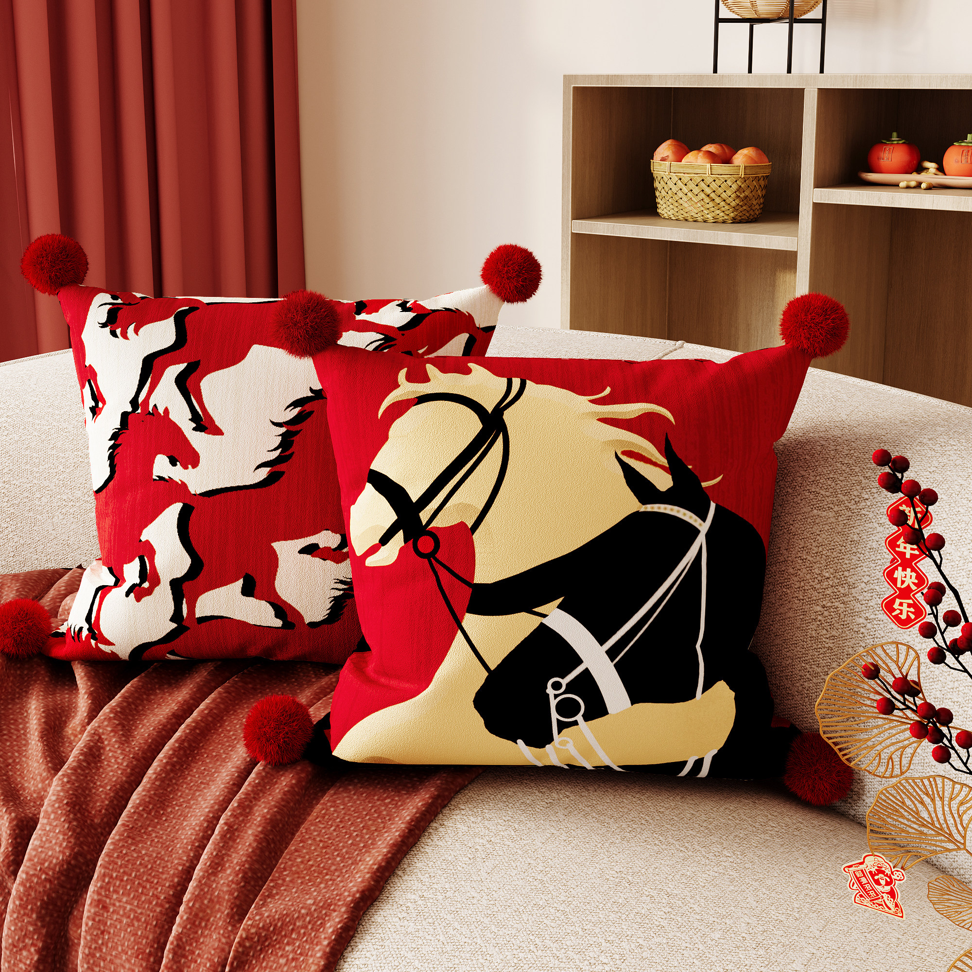 新年喜庆艺术马抱枕新品天鹅绒红色方形沙发靠垫红色毛球腰枕枕套,居家布艺,靠垫/抱枕,淘宝优惠券,粉丝福利购,淘宝优惠卷