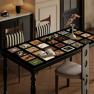 中古风复古秋冬色深色花卉餐桌垫皮革防水pvc茶几垫长方形桌垫
