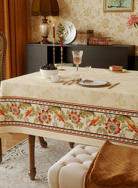 橙色回忆高级感桌布美式轻奢餐桌雪尼尔毛绒台布氛围感花卉茶几布