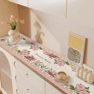 法式清新浅色花卉餐边柜垫防水长条皮革桌布轻奢高级感台面保护垫