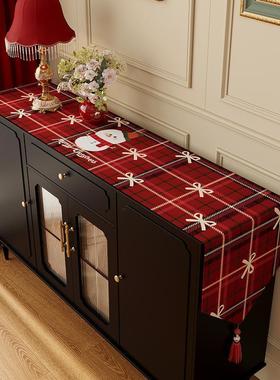 红色桌旗新款防尘盖布棉麻北欧圣诞雪人家用厨房收纳柜长条盖巾