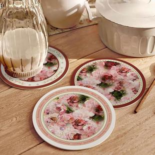 桌面隔热皮革大餐垫欧式粉色油画氛围感圆形桌垫防水防油餐具垫