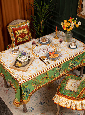 高档轻奢绿色复古花桌布短毛绒防水台面餐布美式天鹅绒餐桌盖布