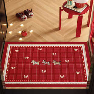 2026新年款 红色入户门地垫氛围感格纹小马玄关门口蹭土除尘脚垫子