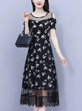 180斤胖MM2026大码女装夏季韩版印花网沙拼接显瘦洋气连衣裙女