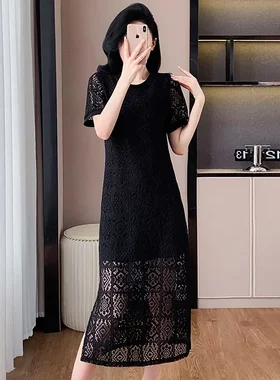 160斤胖MM大码29026镂空连衣裙中长款遮肉显瘦裙子女黑白两色