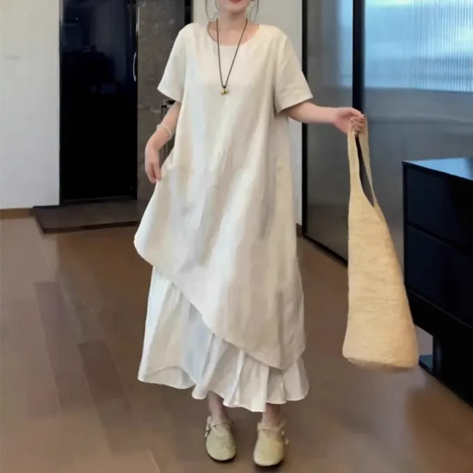 180斤胖MM大码女装裙子2026新款亚麻假两件连衣裙宽松显瘦长裙