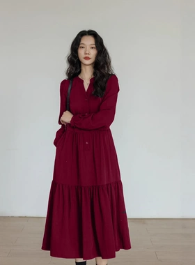 150斤胖MM宽松大码2026新款法式复古连衣裙V领长袖遮肉显瘦中长款