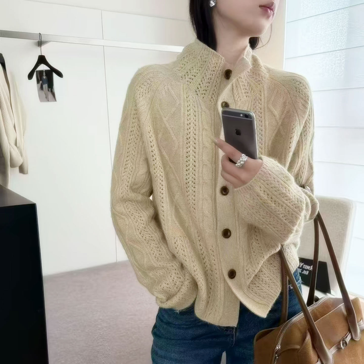 绝美上衣麻花纹100%纯山羊绒加厚开衫女针织宽松打底外套高领毛衣