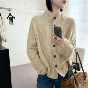 绝美上衣麻花纹纯山羊绒加厚开衫女针织宽松打底外套高领毛衣