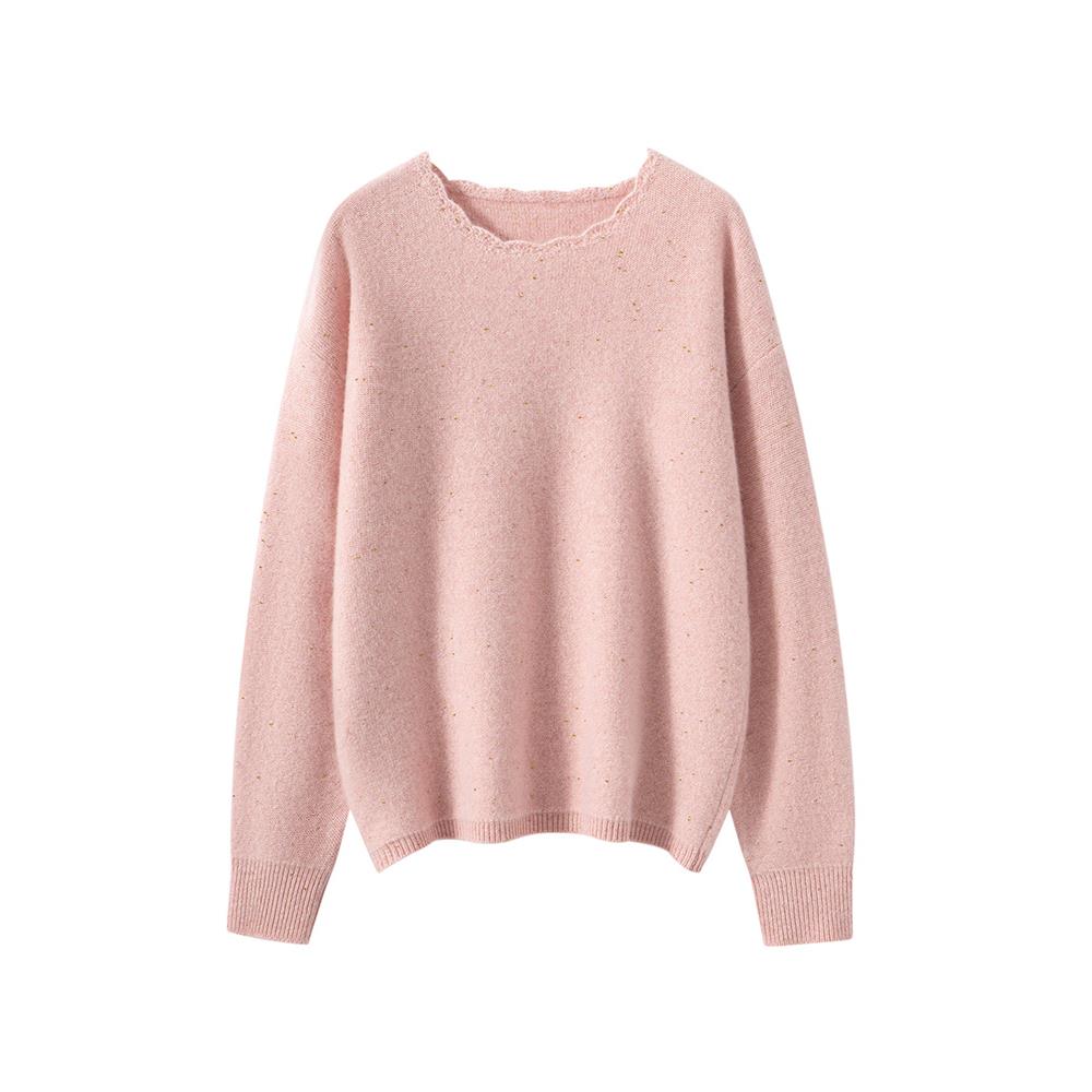 2025新款山羊绒衫女花边圆领加厚宽松套头毛衣针织金豆打底羊毛衫