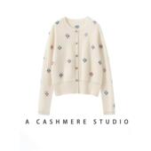 毛衣女秋冬圆领外套宽松针织衫 2025新款 山羊绒重工烫钻小香风开衫