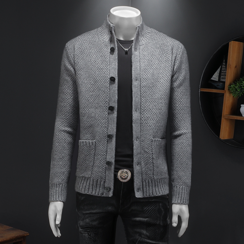 重磅加厚.老钱风立领系扣真口袋外套毛衣开衫56285P130假模灰，男装针织衫/毛衣，钱塘6022