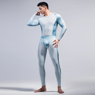 Asianbum薄款修身紧身丝滑光感紧身性感网纱拼接打底保暖内衣套装