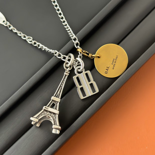 巴家立体埃菲尔铁塔男女款 小众百搭字母圆牌吊坠项链金银拼色 个性