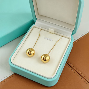 轻奢女士 垂坠耳坠时尚 欧美经典 简约金色光面圆球吊坠耳环耳钩长款