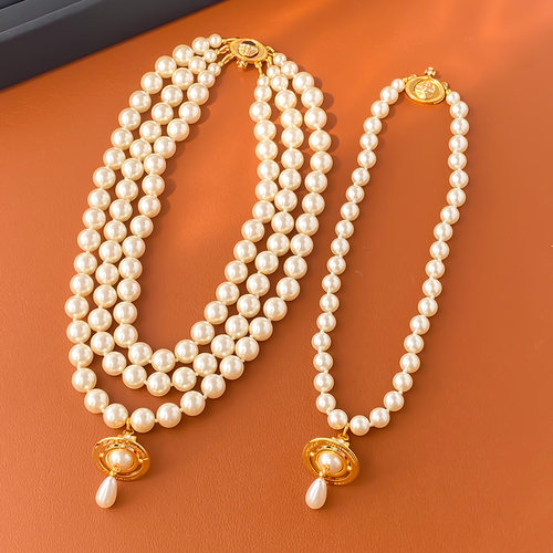 施家珍珠镶钻土星吊坠三层项链女